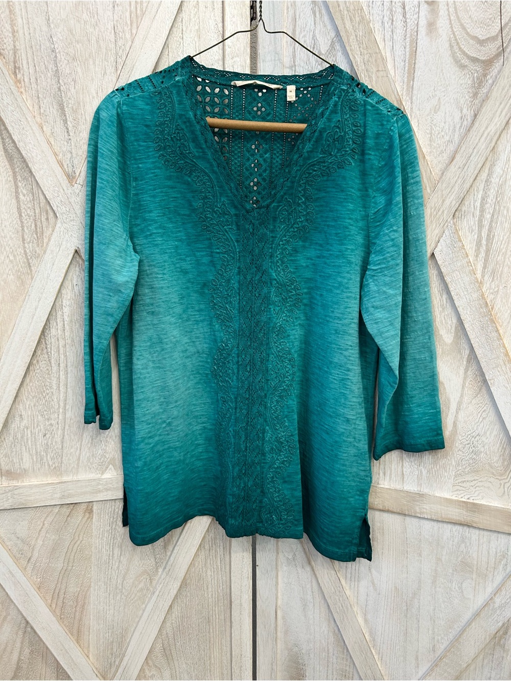 Soft Surroundings Teal Lace-Front V-Neck Tunic